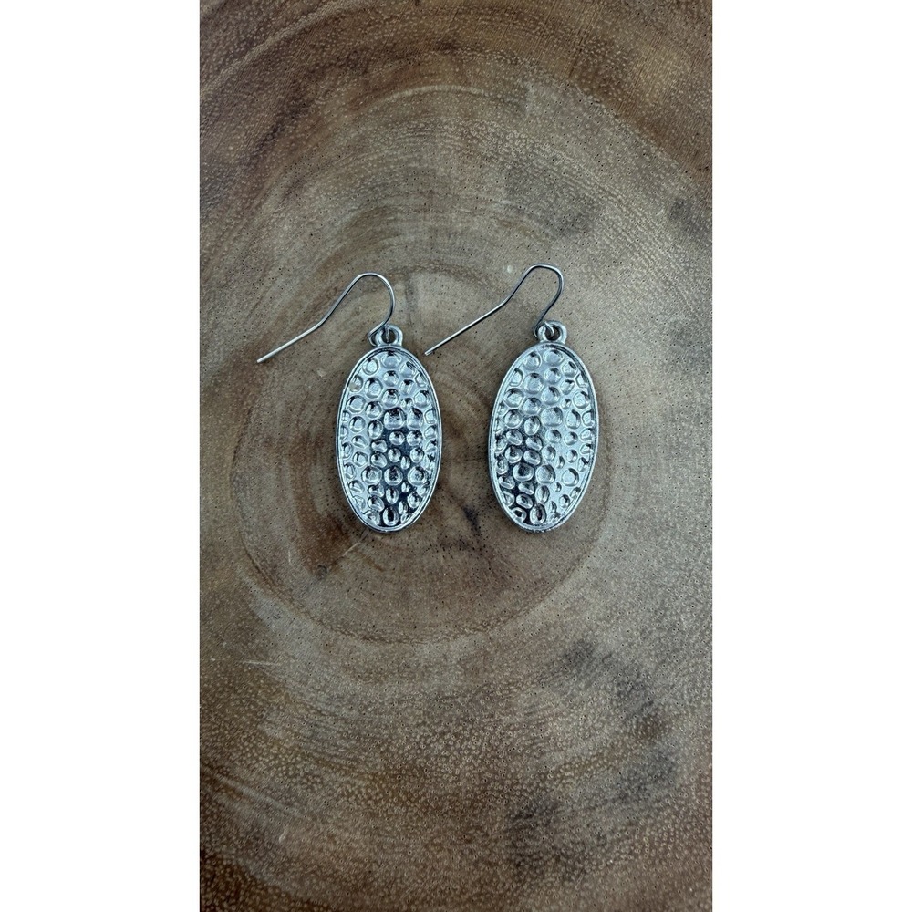 Womens Hammered Silver Oval Dangle Drop Earrings Statement Teardrop Western Boho